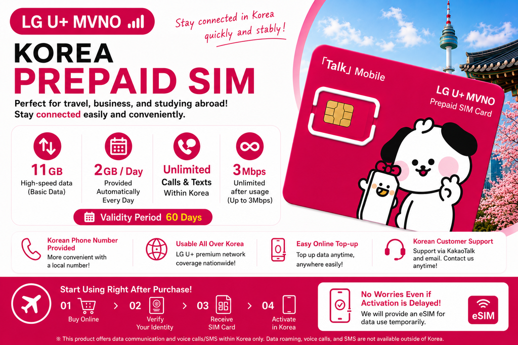Korea Prepaid SIM Card | LG U+ Network | 10.3GB | Unlimited Calls & SMS | 60 Days