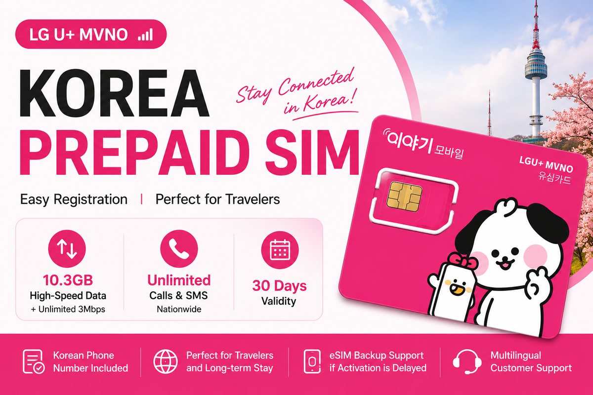 Korea Prepaid SIM Card | LG U+ Network | 10.3GB | Unlimited Calls & SMS | 30 Days