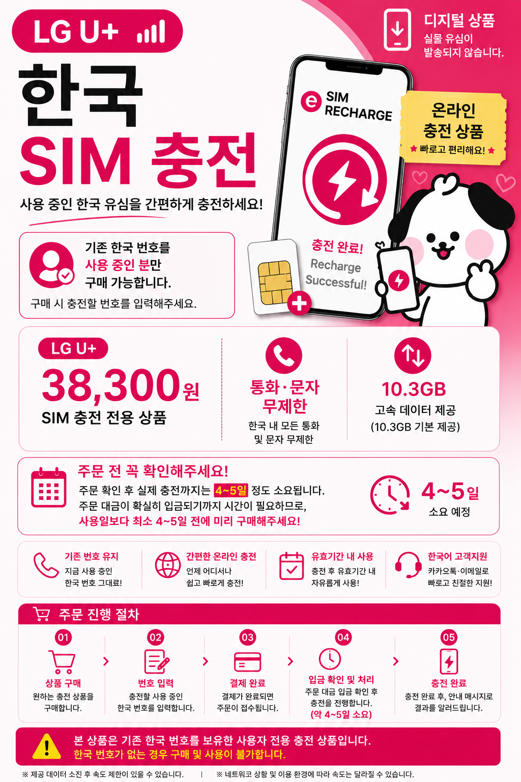 [Recharge Only] Korea Prepaid SIM | LG U+ Network | 30 Days Plan | Unlimited Calls & SMS | 10.3GB