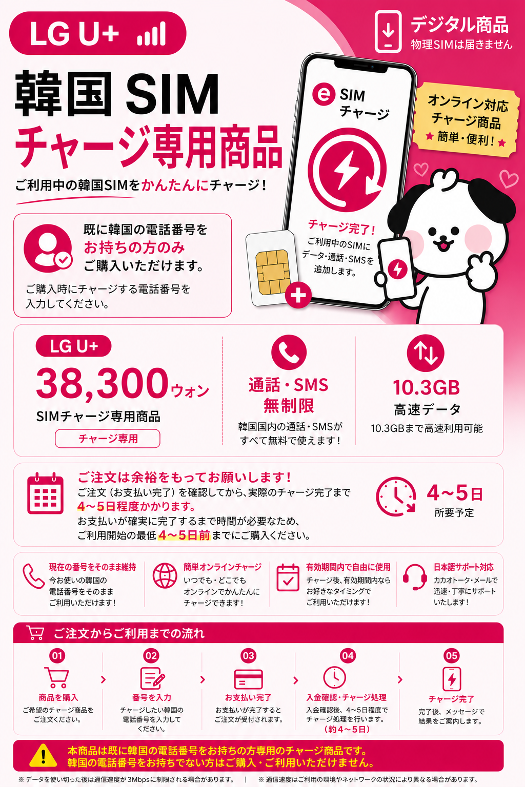 [Recharge Only] Korea Prepaid SIM | LG U+ Network | 30 Days Plan | Unlimited Calls & SMS | 10.3GB
