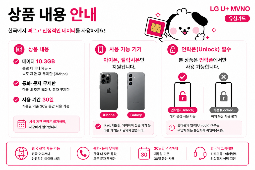 Korea Prepaid SIM Card | LG U+ Network | 10.3GB | Unlimited Calls & SMS | 30 Days