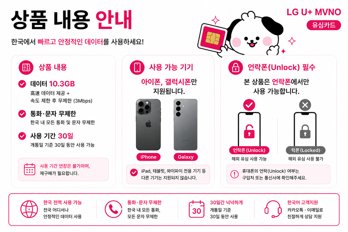 Korea Prepaid SIM Card | LG U+ Network | 10.3GB | Unlimited Calls & SMS | 30 Days