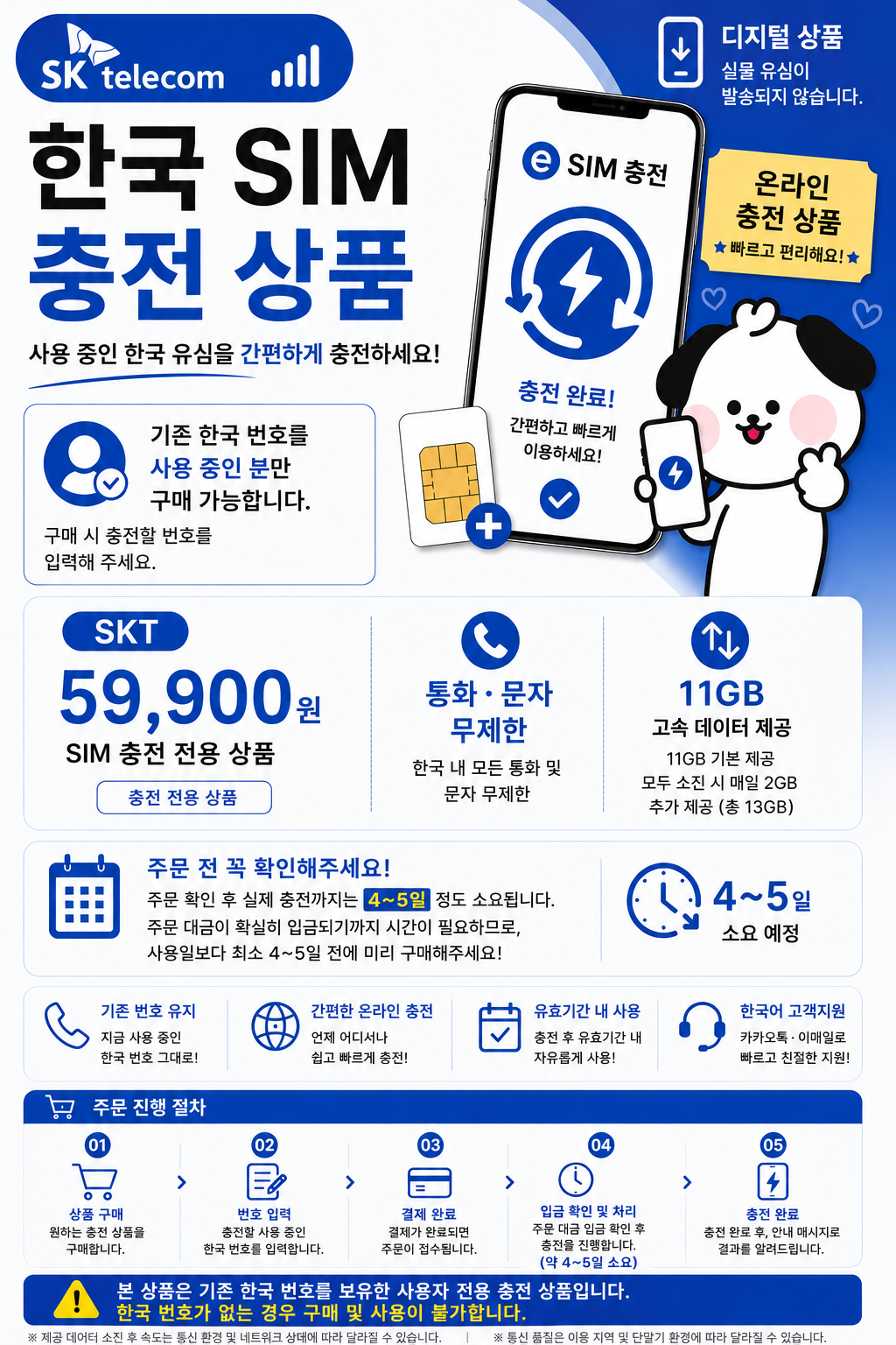 [Recharge Only] Korea Prepaid SIM | SKT Network | 30 Days Plan | Unlimited Calls & SMS | 11GB + Daily 2GB