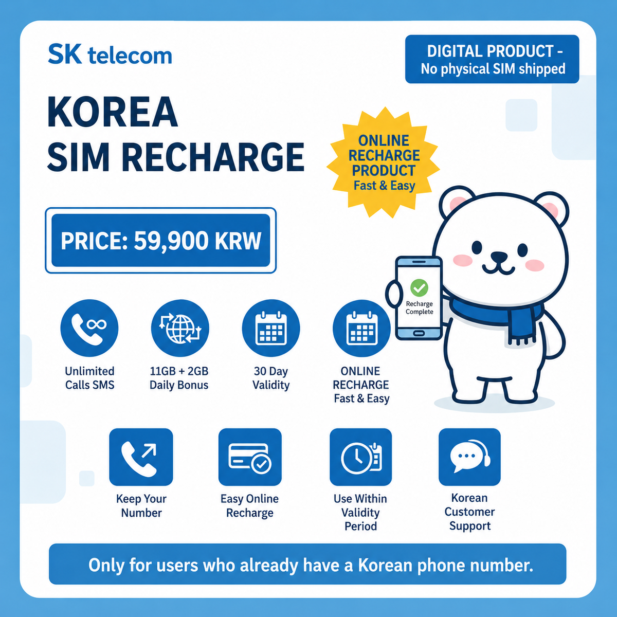[Recharge Only] Korea Prepaid SIM | SKT Network | 30 Days Plan | Unlimited Calls & SMS | 11GB + Daily 2GB