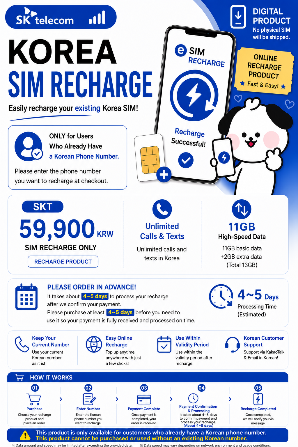 [Recharge Only] Korea Prepaid SIM | SKT Network | 30 Days Plan | Unlimited Calls & SMS | 11GB + Daily 2GB
