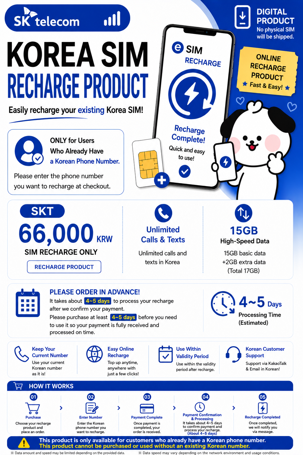 [Recharge Only] Korea Prepaid SIM | SKT Network | 30 Days Plan | Unlimited Calls & SMS | 100GB LTE Data