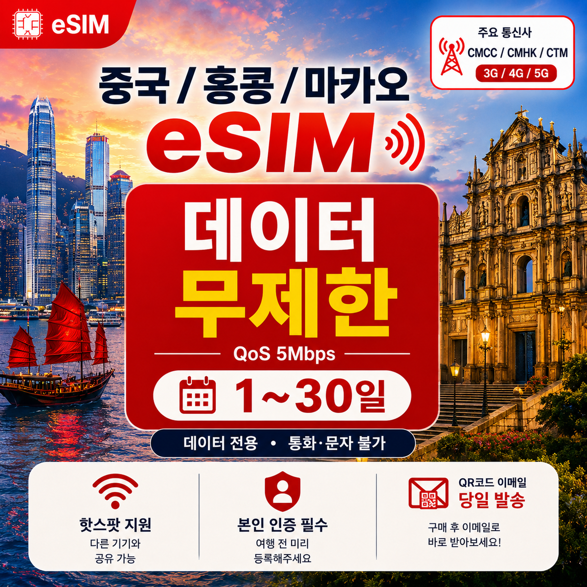 China / Hong Kong / Macau eSIM | Unlimited Data | Data Only | CMCC & CMHK & CTM | 3G/4G/5G