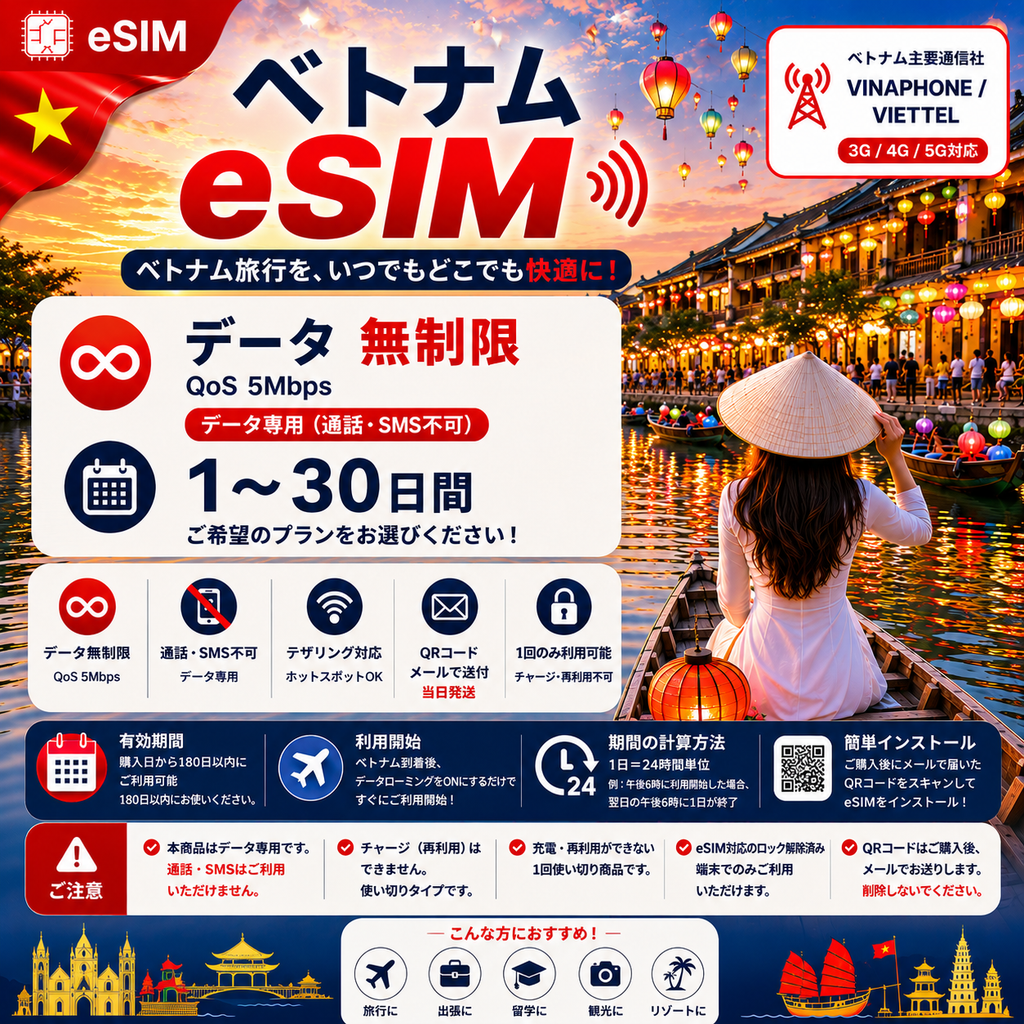 Vietnam eSIM | Unlimited Data | Data Only | Vinaphone & Viettel | 3G/4G/5G