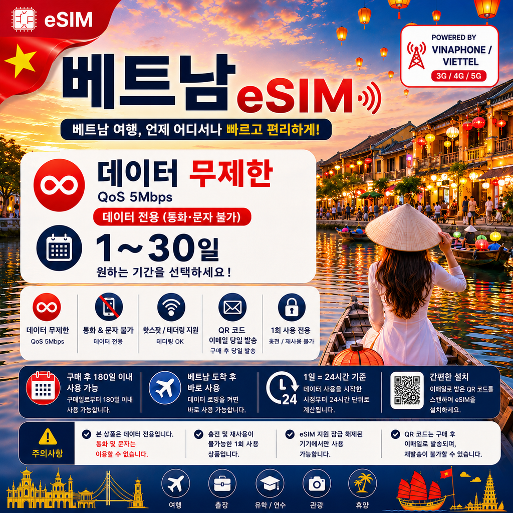 Vietnam eSIM | Unlimited Data | Data Only | Vinaphone & Viettel | 3G/4G/5G