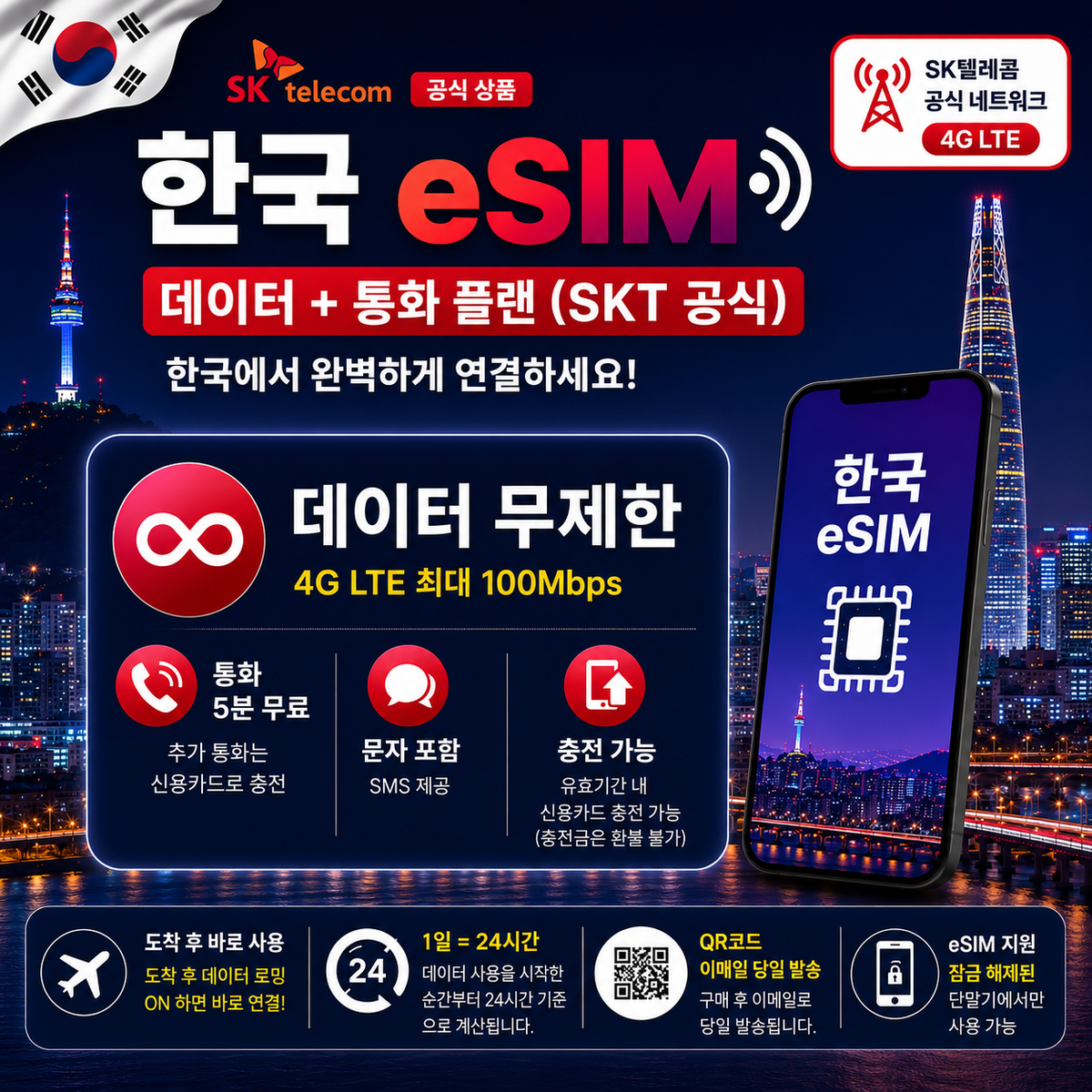 Official SKT Korea eSIM / Airport Pickup SIM | Unlimited 4G Data | Korean Number + 5 Min Calls*