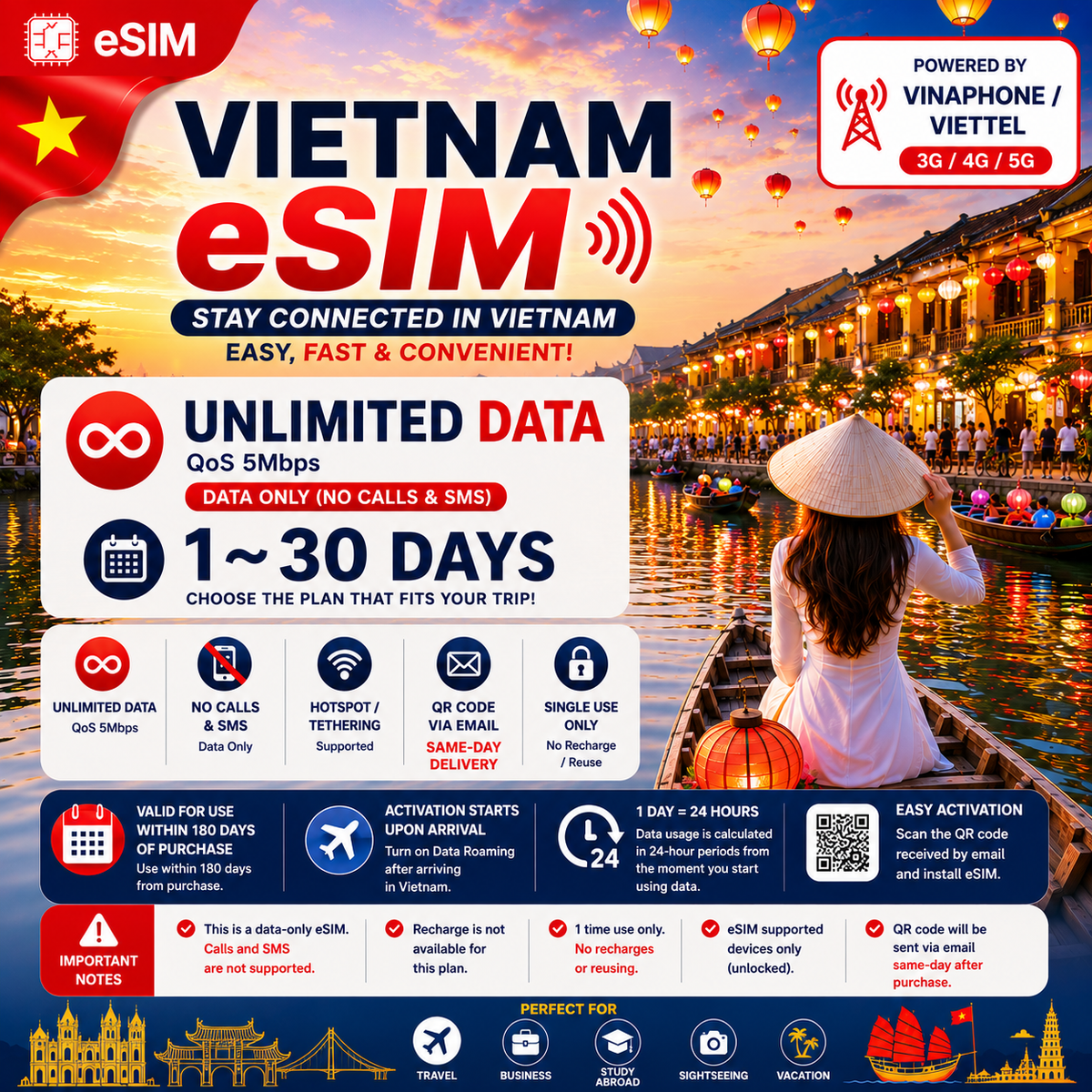 Vietnam eSIM | Unlimited Data | Data Only | Vinaphone & Viettel | 3G/4G/5G