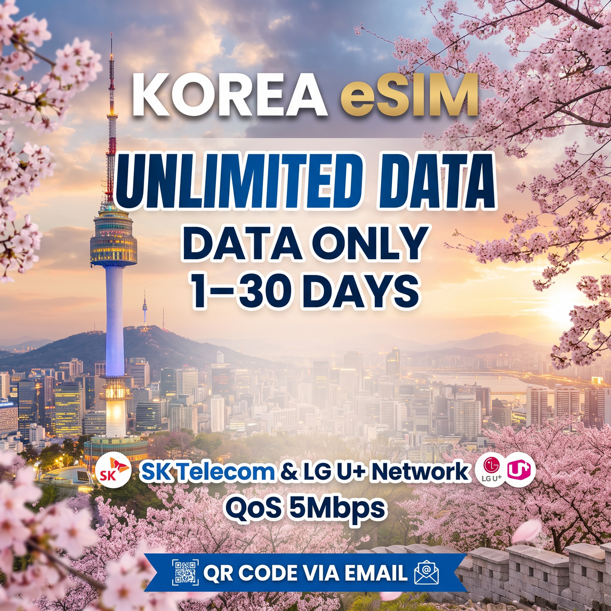 Korea eSIM | Unlimited Data | Data Only | SK/LG U+ | 3G/4G/5G